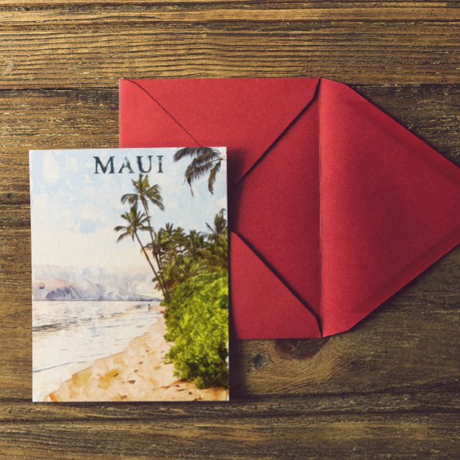 Postal Viaje por el Ilustracion acuático Maui Hawaii (Maui Watercolor Beach Palm Trees Postcard)