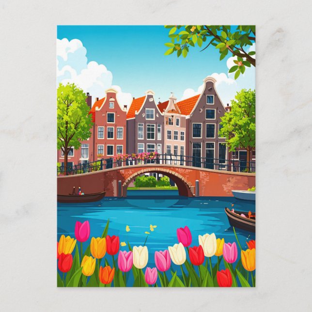 Postal Viaje Retro Amsterdam con Tulipanes (Anverso)