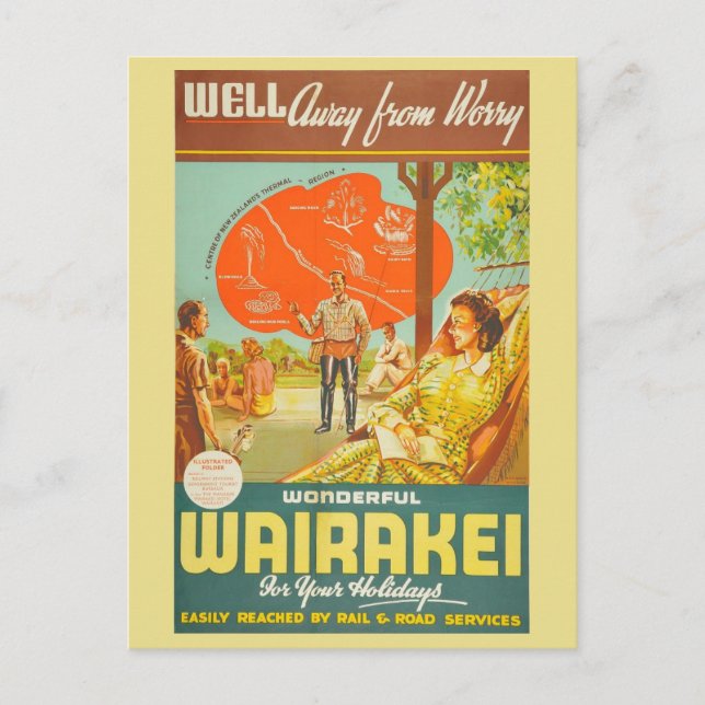 Postal Viaje retro del turismo de Nueva Zelanda (Anverso)