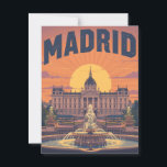 Postal Viaje Retro Madrid<br><div class="desc">Este poster de inspiración retro capta una impresionante puesta de sol en Madrid, España. El diseño se compone de un gran palacio con una gran fuente en primer plano, todo ello bañado por la cálida y dramática luz del sol. La audaz y chunica tipografía "MADRID" se suma al clásico ambiente...</div>