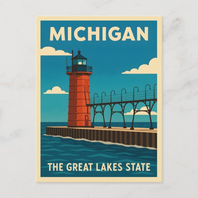 Postal Viaje retro vintage Faro Michigan Escenario (Anverso)