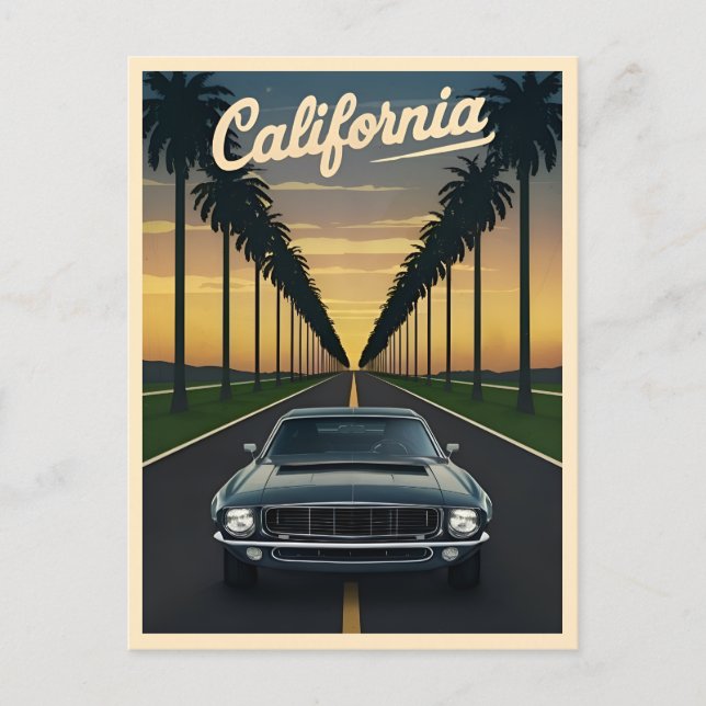 Postal Viaje Vintage California Sunset Muscar Car (Anverso)