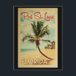 Postal Viaje Vintage de Port St Lucie Palm Tree<br><div class="desc">Una estampada de arte de Port St. Lucie Florida,  de estilo poster de viajes vintage,  de estilo retro y moderno. Cuenta con una palmera curvada en una playa de arena con el océano bajo un cielo azul turbio.</div>