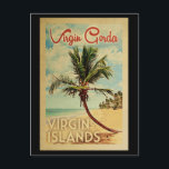 Postal Viaje Vintage de Virgin Gorda Palm Tree<br><div class="desc">Impresión de arte de las Islas Vírgenes Virgen Gorda,  de mediados de siglo,  de estilo poster de viajes vintage. Cuenta con una palmera curvada en una playa de arena con el océano bajo un cielo azul turbio.</div>