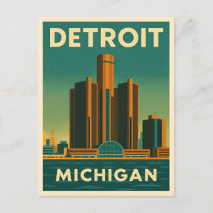 Postal Viaje Vintage Detroit Michigan Cityscape Retro