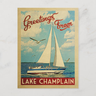 Postal Viaje Vintage en barco de vela Lake Champlain