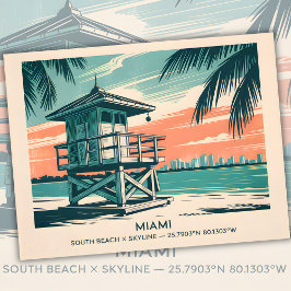 Postal Viaje Vintage Miami Florida South Beach Skyline