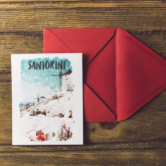 Postal Viajes acuáticos de Santorini (Santorini Greece watercolor )