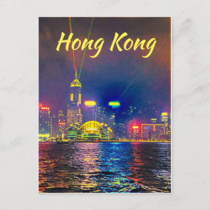 Postal Viajes con luces nocturnas modernas de Hong Kong