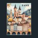 Postal Viajes de Basilea Suiza<br><div class="desc">Esta postal de viaje, de estilo ilustracion plano, muestra el perfil europeo de Basilea, Suiza.</div>