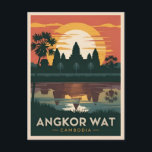 Postal Viajes de época Angkor Wat Cambodia Retro Sunset<br><div class="desc">Experimente las antiguas maravillas de Angkor Wat con este cautivador diseño retro inspirado en el viaje. Esta obra,  inmersa en vibraciones nostálgicas y encanto vintage,  captura el emblemático Patrimonio de la Humanidad en un estilo retro minimalista que combina la estética de mediados de siglo con un toque moderno.</div>