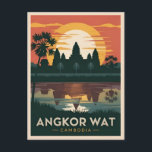 Postal Viajes de época Angkor Wat Cambodia Retro Sunset<br><div class="desc">Experimente las antiguas maravillas de Angkor Wat con este cautivador diseño retro inspirado en el viaje. Esta obra,  inmersa en vibraciones nostálgicas y encanto vintage,  captura el emblemático Patrimonio de la Humanidad en un estilo retro minimalista que combina la estética de mediados de siglo con un toque moderno.</div>