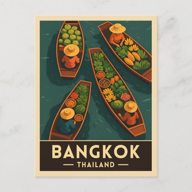 Postal Viajes de época Bangkok Tailandia Mercado Flotante (Anverso)