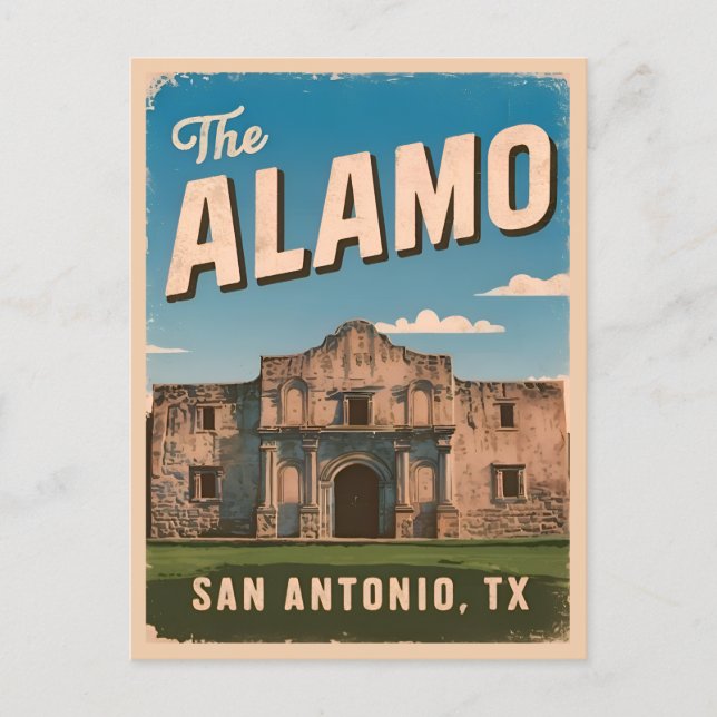 Postal Viajes de época El Álamo Texas Retro Graphic (Anverso)