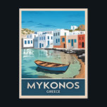 Postal Viajes de época Mykonos Grecia Paisaje costero<br><div class="desc">Descubra el encanto eterno de Mykonos, Grecia, con este diseño retro inspirado en el viaje. Esta obra, inmersa en vibraciones nostálgicas y encanto vintage, refleja el espíritu relajado y vibrante de este paraíso mediterráneo en un estilo retro minimalista que combina la estética de mediados de siglo con un toque moderno....</div>