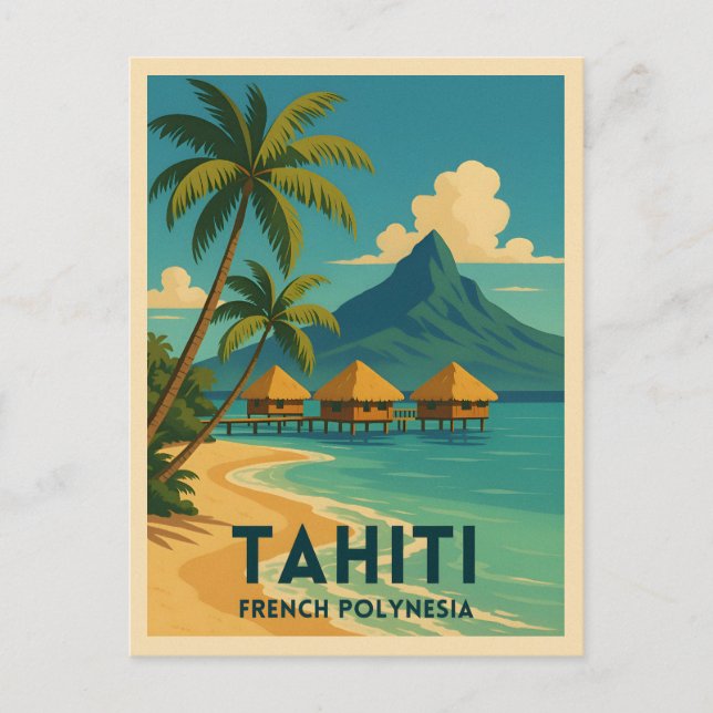 Postal Viajes de época Tahití Retro Playa de la Polinesia (Anverso)