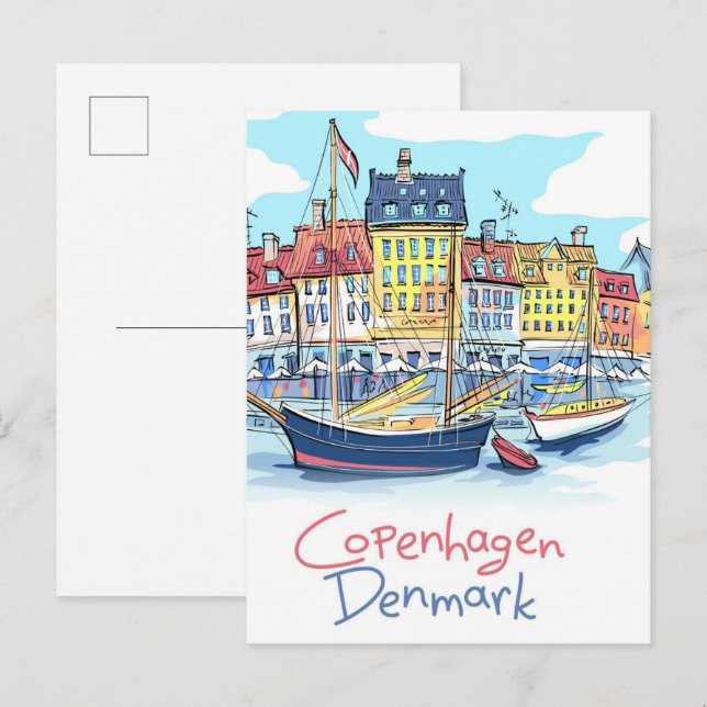 Postal Viajes de Ilustracion de Dinamarca en Copenhague (Anverso / Reverso)