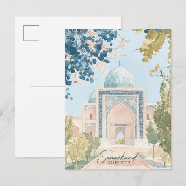 Postal Viajes de Ilustracion Gouache de Samarkand y Uzbek (Anverso / Reverso)