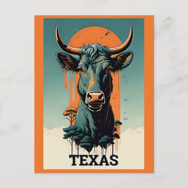 Postal Viajes de toros retro estilizados de Texas (Anverso)