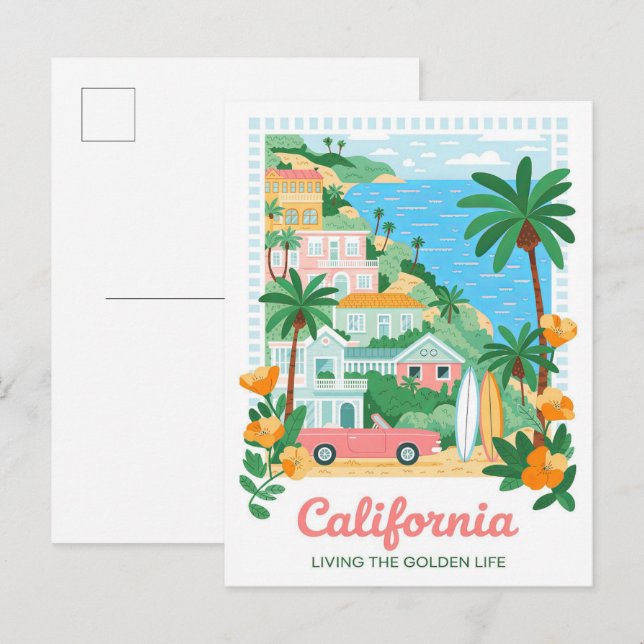 Postal Viajes de verano en California Living Life (Anverso / Reverso)