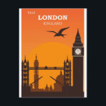 Postal Viajes de vintage en Londres Inglaterra<br><div class="desc">A cualquiera le encantaría recibir esta tarjeta postal de poster de viajes con un ilustracion retro de los monumentos de la ciudad de Londres,  Inglaterra,  incluyendo el Big Ben,  el Tower Bridge y la Catedral de St. Paul.</div>
