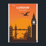 Postal Viajes de vintage en Londres Inglaterra<br><div class="desc">A cualquiera le encantaría recibir esta tarjeta postal de poster de viajes con un ilustracion retro de los monumentos de la ciudad de Londres,  Inglaterra,  incluyendo el Big Ben,  el Tower Bridge y la Catedral de St. Paul.</div>
