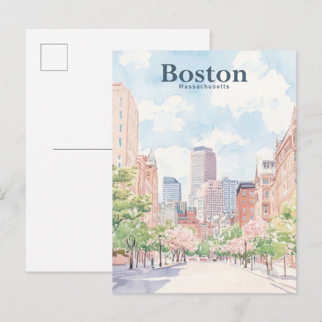 Postal Viajes del Ilustracion Gouache de Boston Massachus (Anverso / Reverso)