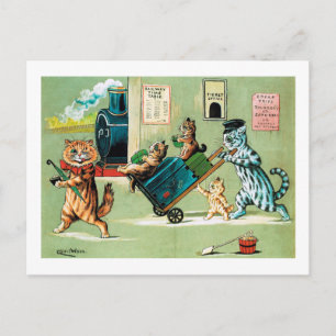 Postal Viajes en tren de la familia de gatos, Louis Wain
