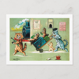 Postal Viajes en tren de la familia de gatos, Louis Wain