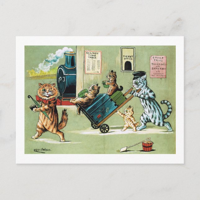 Postal Viajes en tren de la familia de gatos, Louis Wain (Anverso)