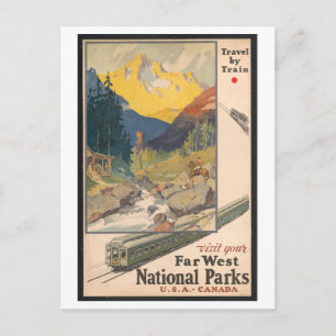 Postal Viajes en tren, parques nacionales, estilo vintage