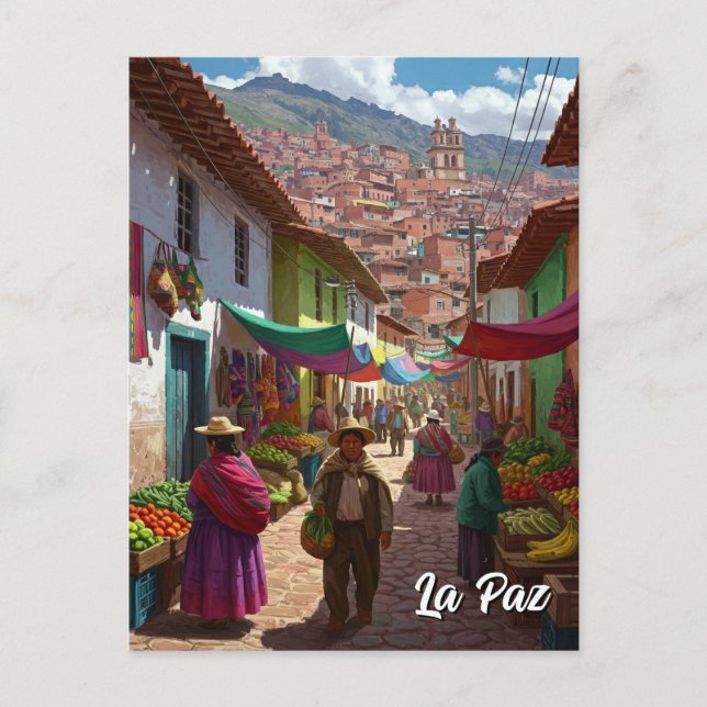 Postal Viajes por el mercado de La Paz Bolivia (Anverso)