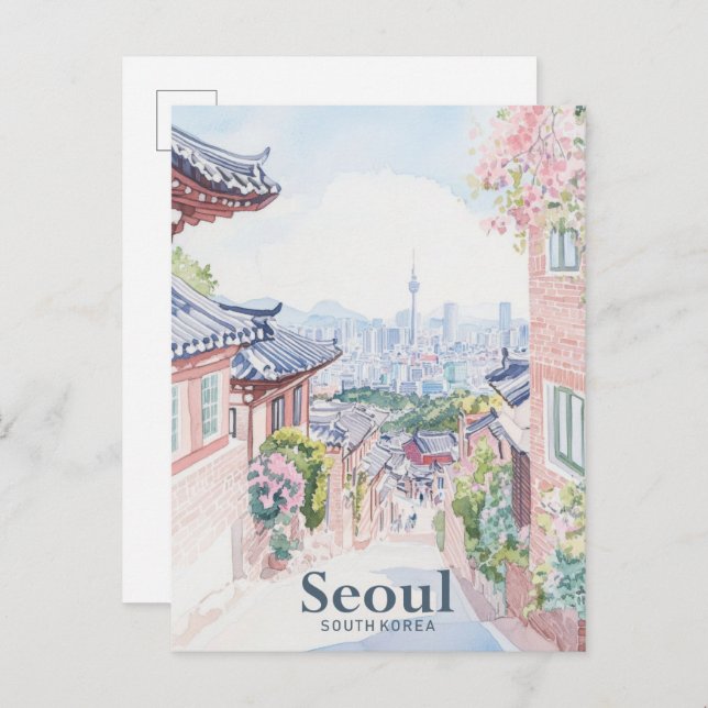 Postal Viajes por Ilustracion Gouache de Corea del Sur en (Anverso / Reverso)