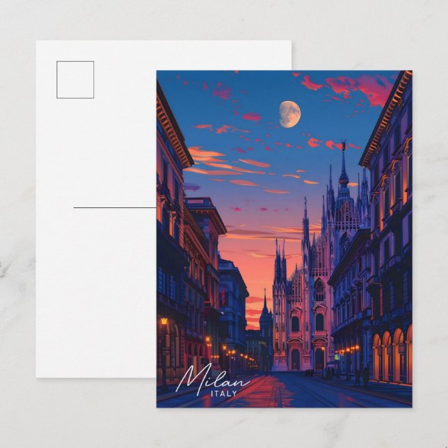 Postal Viajes por la noche en Milán Italia (Anverso / Reverso)