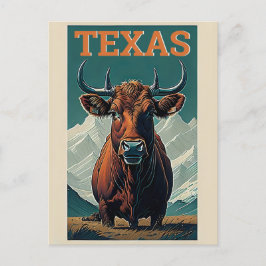 Postal Viajes retro estilo toro de época de Texas