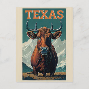Postal Viajes retro estilo toro de época de Texas