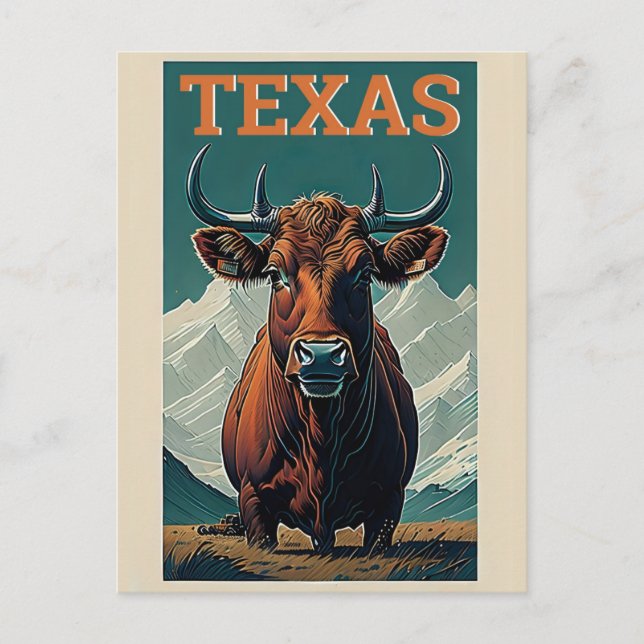 Postal Viajes retro estilo toro de época de Texas (Anverso)