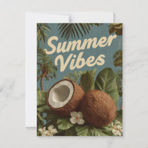 Postal "Vibes de verano" con cocos y follaje tropical