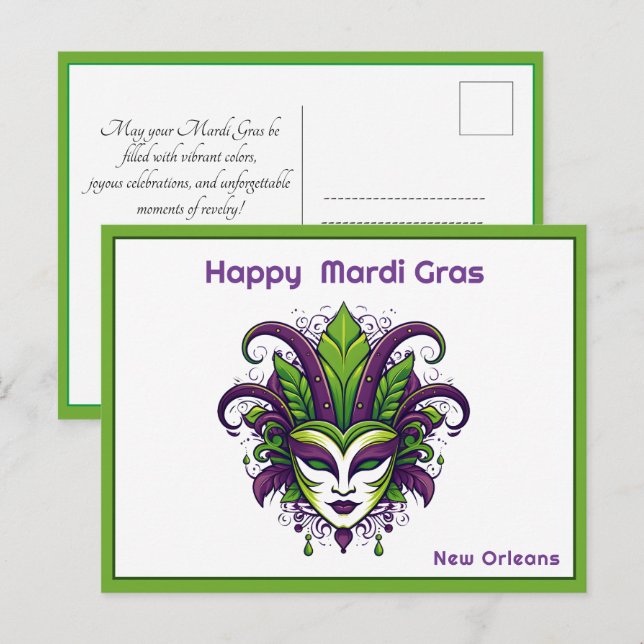 Postal 💚 💜 💛 vibración del Mardi Gras (Anverso / Reverso)