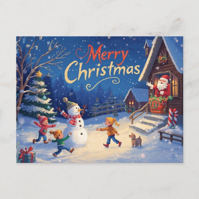 Postal Vibrant Christmas Postcard – Snowman & Santa (Anverso)