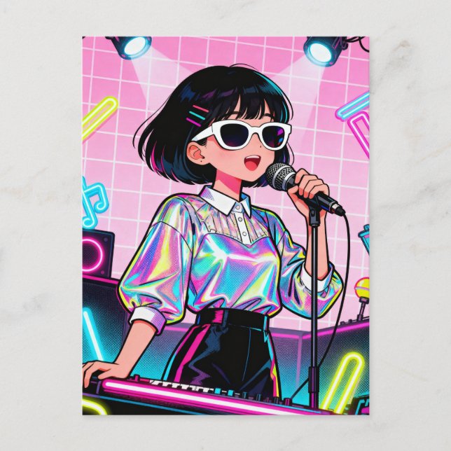 Postal Vibrant Japanese Karaoke Pop Art Girl (Anverso)