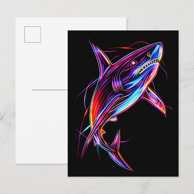 Postal Vibrant Neon Shark Modern Digital Ocean (Anverso / Reverso)