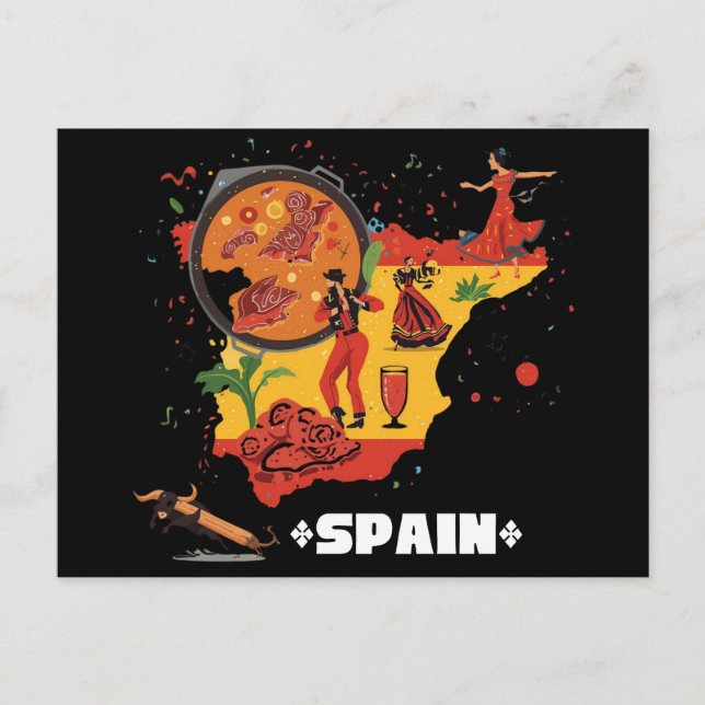 Postal Vibrant Spain Map Flamenco, Paella & Bull (Anverso)