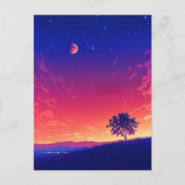Postal Vibrant Sunset Tree and Blood Moon