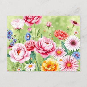 Postal Vibrante acuarela de jardín con Rosas Peonies