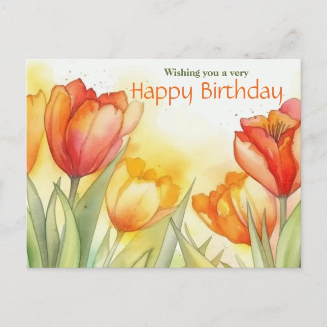 Postal Vibrante acuarela Tulip Feliz cumpleaños (Anverso)