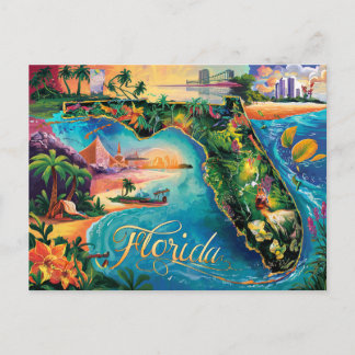 Postal Vibrante arte de mapas de Florida