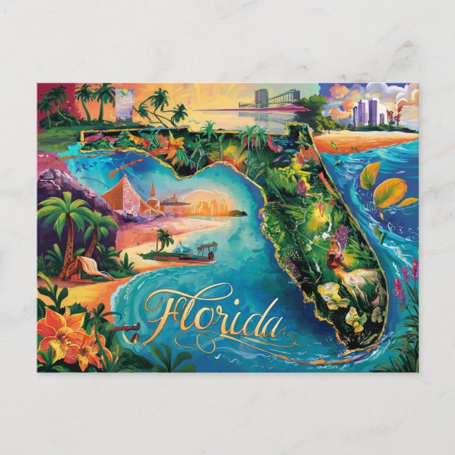 Postal Vibrante arte de mapas de Florida (Anverso)