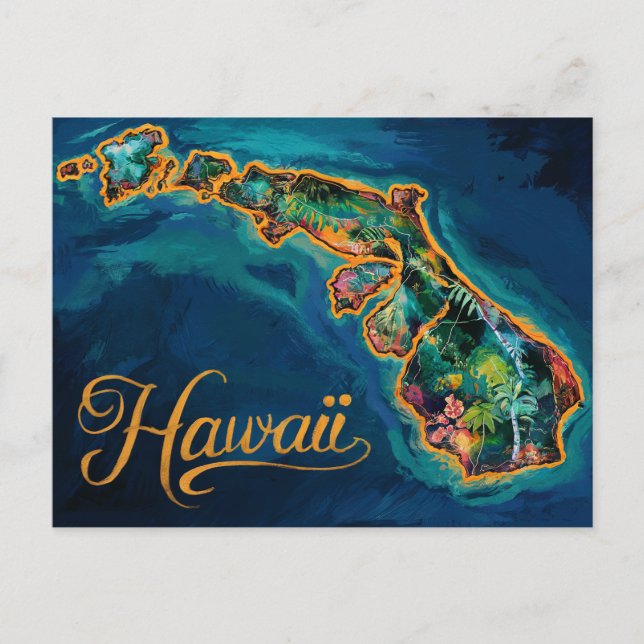Postal "Vibrante arte de mapas de paraíso hawaiano (Anverso)