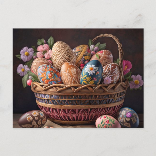 Postal Vibrante Cesta Festiva De Huevos De Pascua (Anverso)